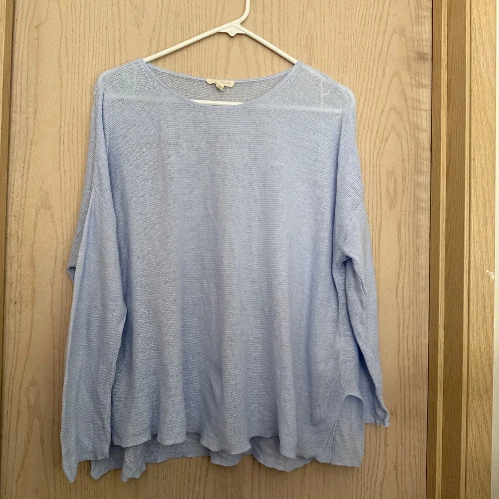 Eileen Fisher Blue Linen Boxy Top S‎ 100% Organic Relaxed Minimal Coastal FLAWS